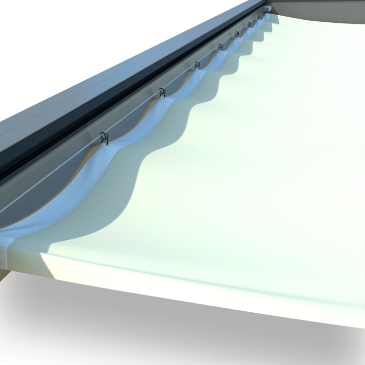 Custom folding sun sail in panel construction above a terrace