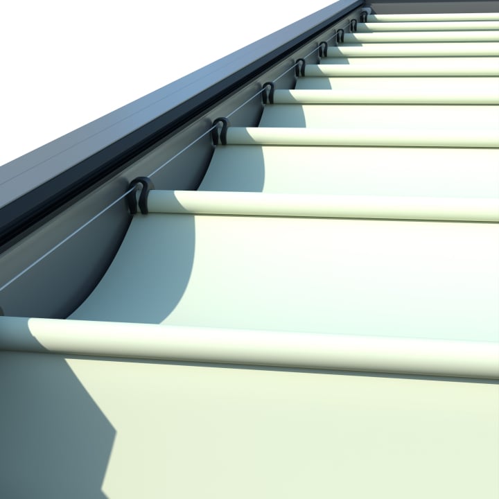 Retractable pergola canopy mounted between the rafters of a patio roof