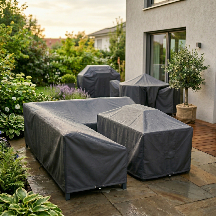 Abdeckhauben nach Maß in Anthrazit: passgenau abgedeckte Gartenmöbel und Grill auf einer Terrasse