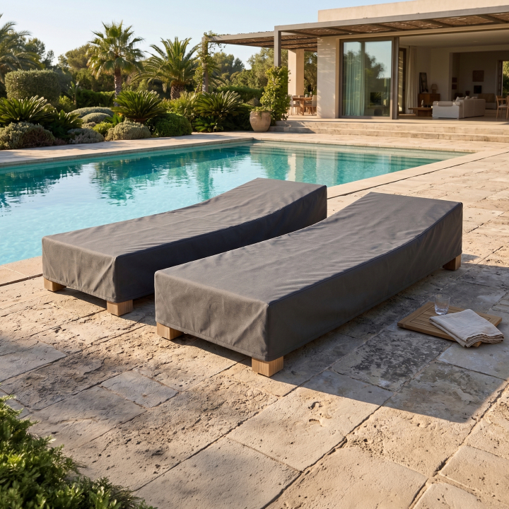 Gartenliege-Abdeckung nach Maß in Anthrazit über zwei Sonnenliegen am Pool