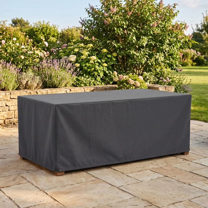 Gartentisch-Abdeckung nach Maß in Anthrazit über einem rechteckigen Gartentisch auf der Terrasse
