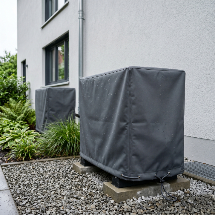 Geräte-Schutzhülle nach Maß in Anthrazit über einer Wärmepumpe an der Hauswand