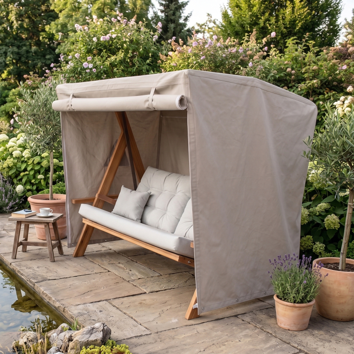 Hollywoodschaukel-Abdeckung nach Maß in hellem Beige über einer Hollywoodschaukel mit Dach im Garten