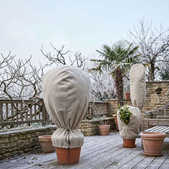 Winterschutz für Kübelpflanzen: helle Vlieshauben nach Maß über Pflanzen auf einer winterlichen Terrasse