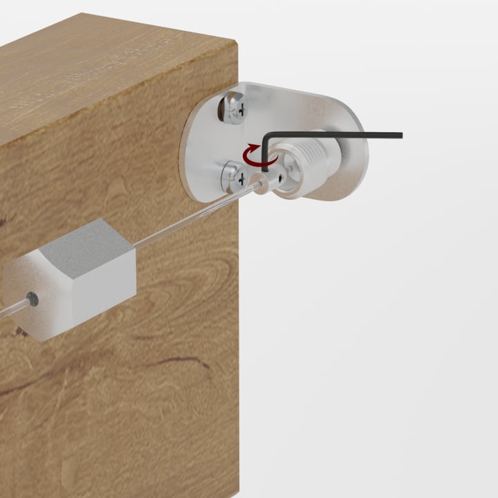 Polyesterseil durch Stoppelement führen und mit Madenschrauben fixieren